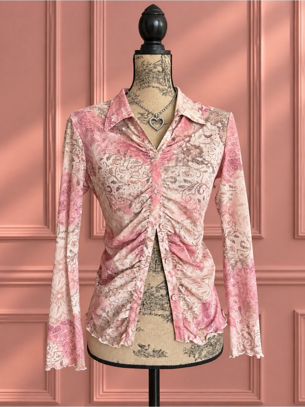 Y2K Simons Contemporaine Ruched Pink Paisley Button-Front Top